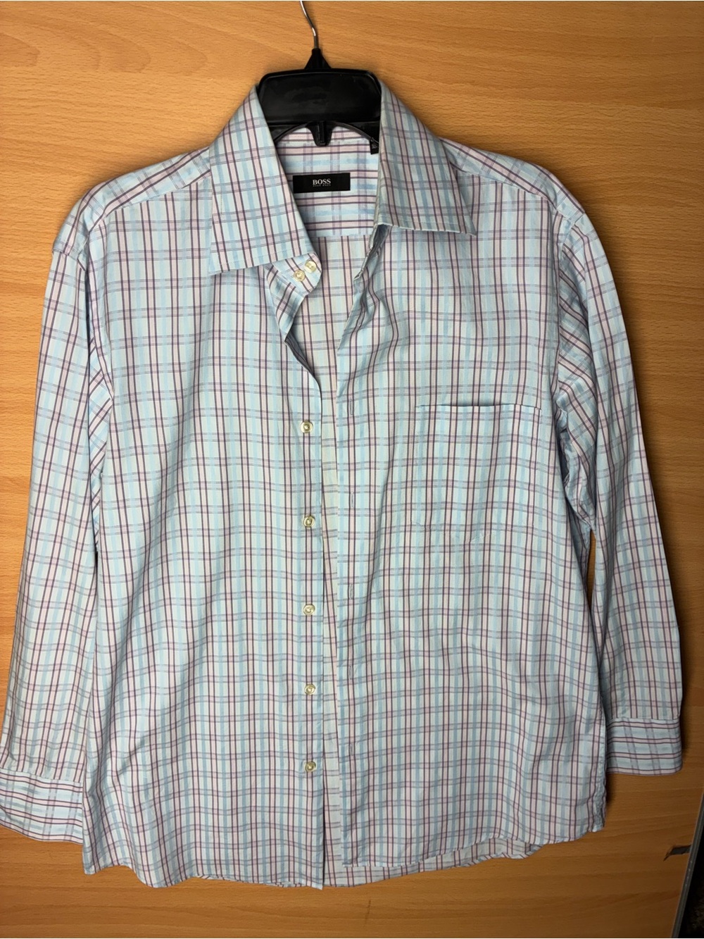Hugo Boss Men’s Light Blue and White Plaid Button-Down Shirt, size 16.5 32/33